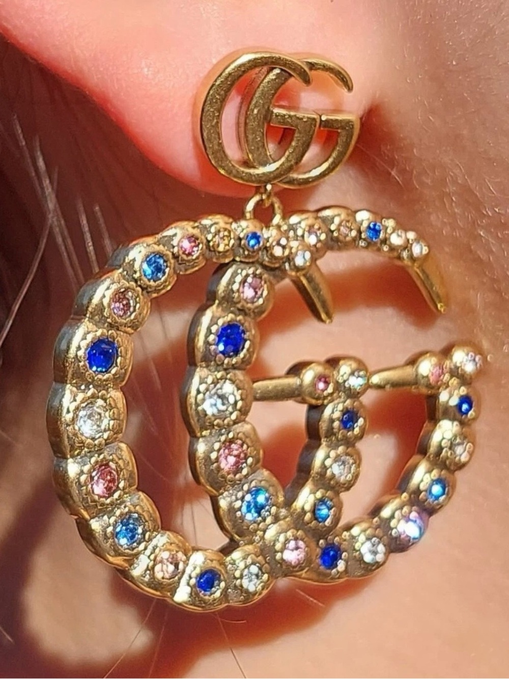 Macy's Gold-Tone Hoop Earrings with Blue, Pink & Clear Crystals